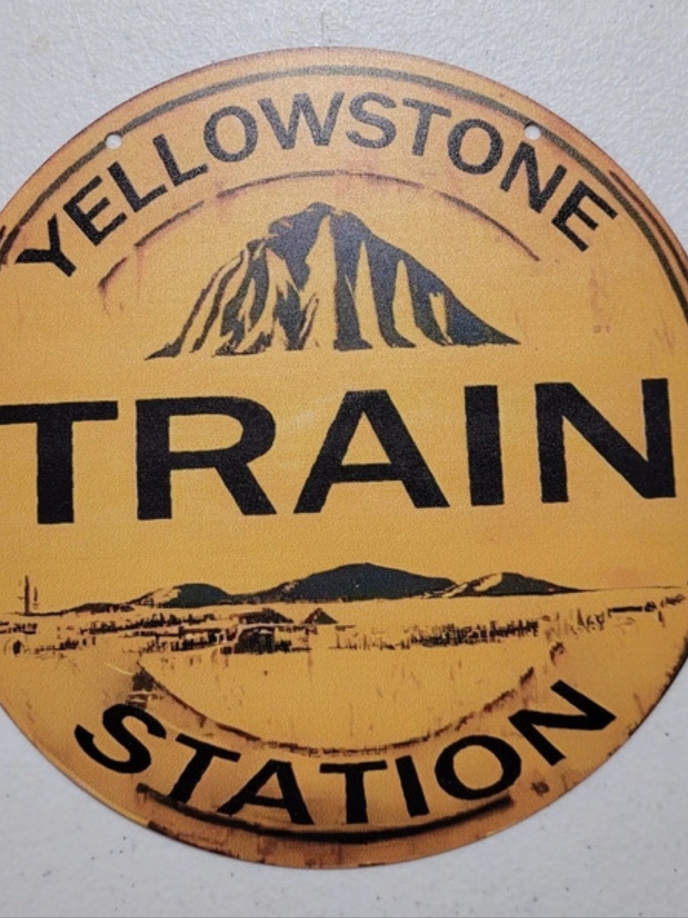 Yellowstone Train Station Round Metal Sign Yellow & Black